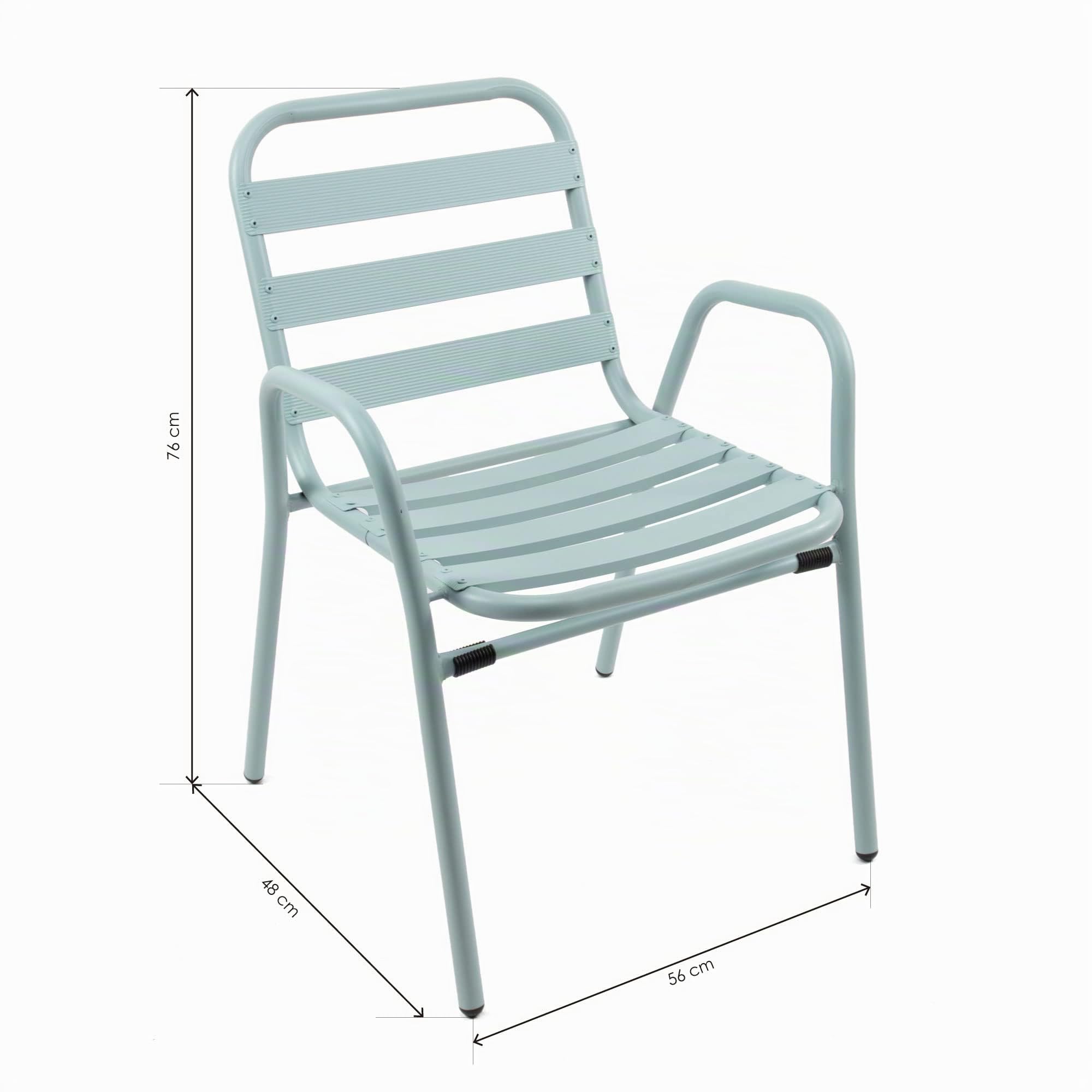 THE SECRET HOME - Pack de 2 Sillas de Aluminio con Reposabrazos para Jardín - Alto 76 cm x Largo 56 cm x Ancho 48 cm - Color Verde Claro - Asiento Apilable de Exterior para Balcón, Terraza y Jardín