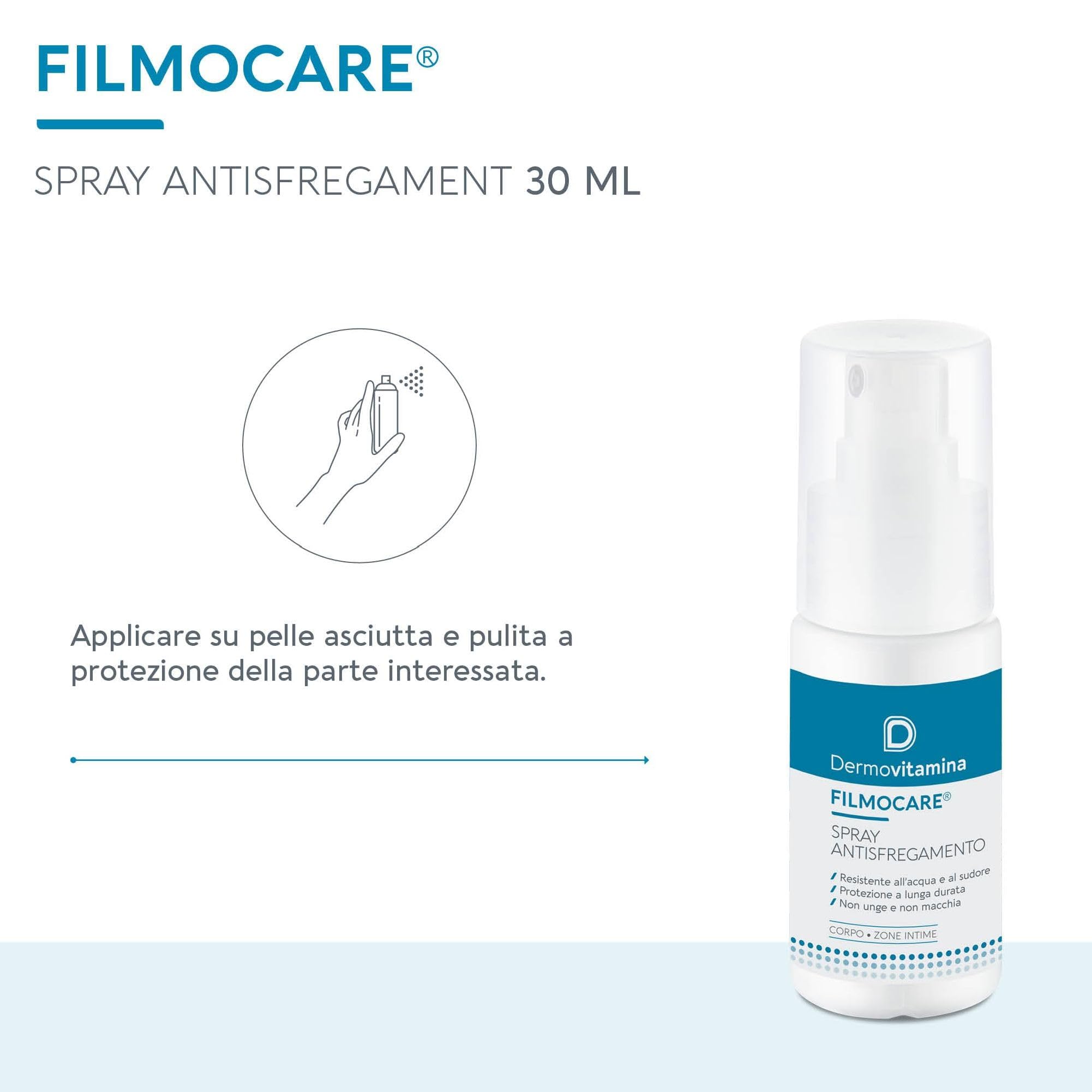 Dermovitamina Filmocare Spray Antisfregamento 30ml - Per Irritazioni da Sfregamento Cosce - Indicato per Sportivi - Lunga Durata - Resiste all' Acqua e al Sudore - Corpo e Zone Intime