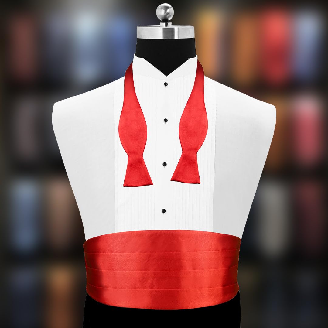 Peluche Sultry Red Cummerbund, Open Bow Tie & Pocket Square Set for Men - Image 2 thumbnail