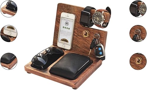 Miniatura 2 de ABHANDICRAFTS Organizador de mesita de noche, estación de acoplamiento de madera, cartera, soporte de reloj, soporte para llaves, el mejor regalo