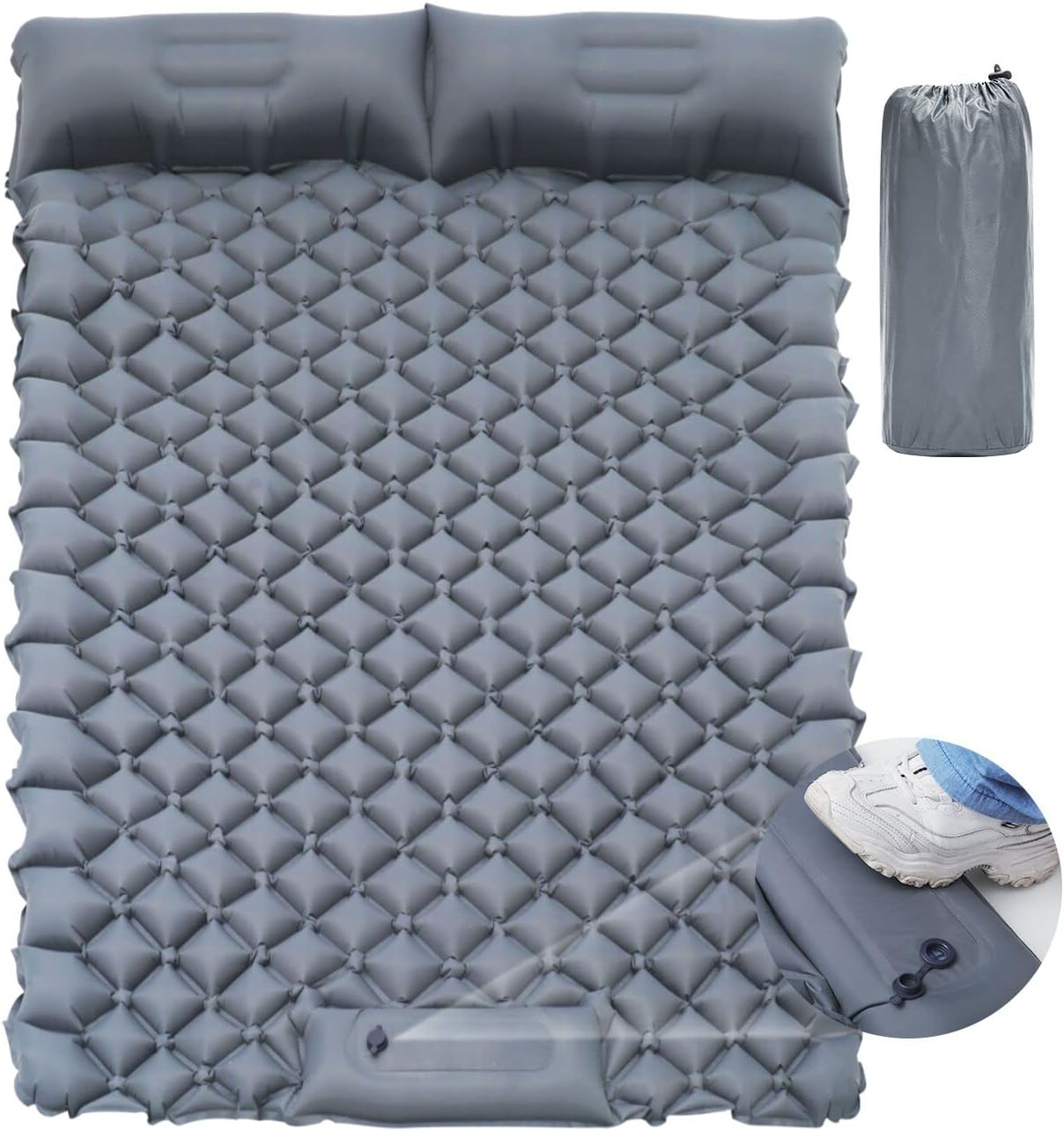 KEEUHCamping Pads for Sleeping 2 People - Upgrade Ultralight Sleeping Pad with Pillow Foot Press for Car Camping,Backpacking,Hiking - Gray