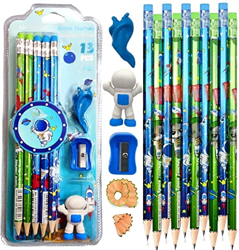 Crackles Shiny Space Theme Wood Thick Strong 10 Pc Pencils with Erasers on top, Sharpener, Eraser and a Pencil Grip Gift Set For Kids, boys and Girls (Assorted, pack of 1)