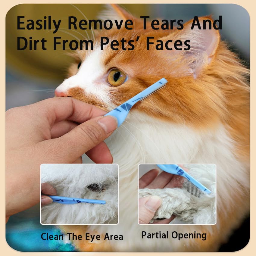 ? YOYOOOFEI ? Pet Comb Massage Comb, Stainless Steel Round Head, with Fine Teeth Dog Facial Comb, Suitable for Dogs and Cats, Easy to Clean - Remove Tears and Stains (Beige1Blue1)