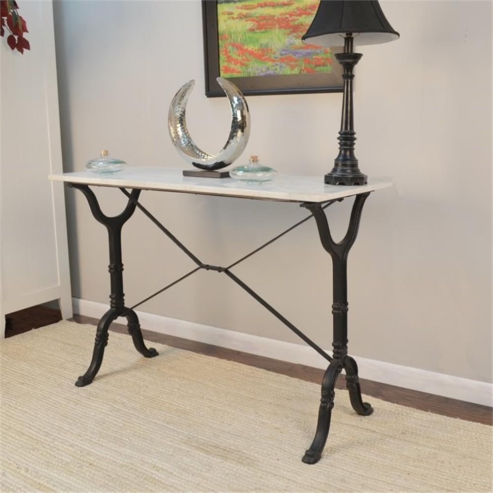 Pemberly Row Contemporary Console Table, White Marble Top, Handcrafted Cast Iron Base, Rectangular 42"x19"x30", Modern Farmhouse Style for Entryway or Living Room Decor