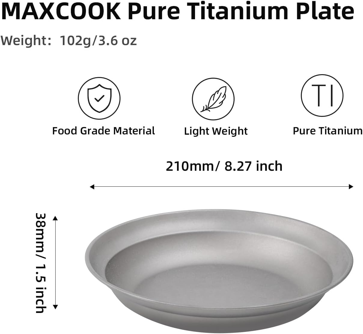 Pure Titanium Camping Plate 8.26 inch Ultralight Metal Dish Plate Backpacking Deep Plate for Hiking Kitchen