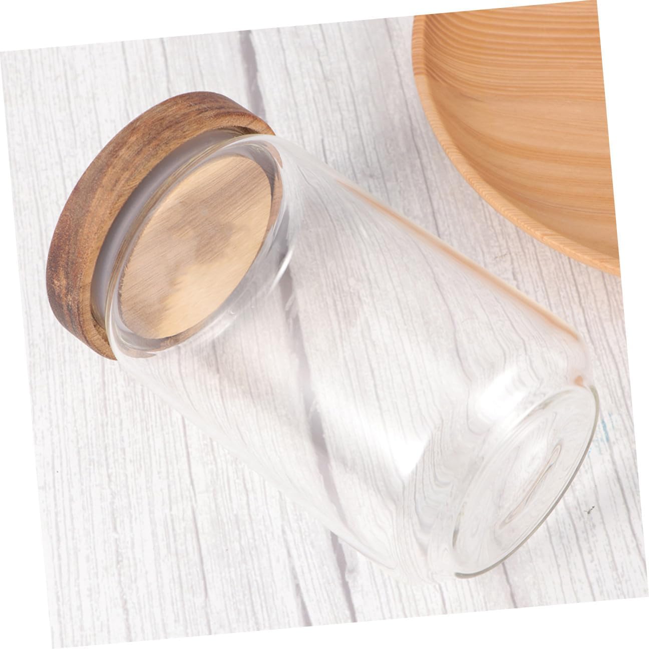 Totority Glass Candy Jar and Tea Storage Canister with Acacia Wood Lid, 750ml High Borosilicate Glass Sealed Food Storage Container for Kitchen Organization, 2pcs