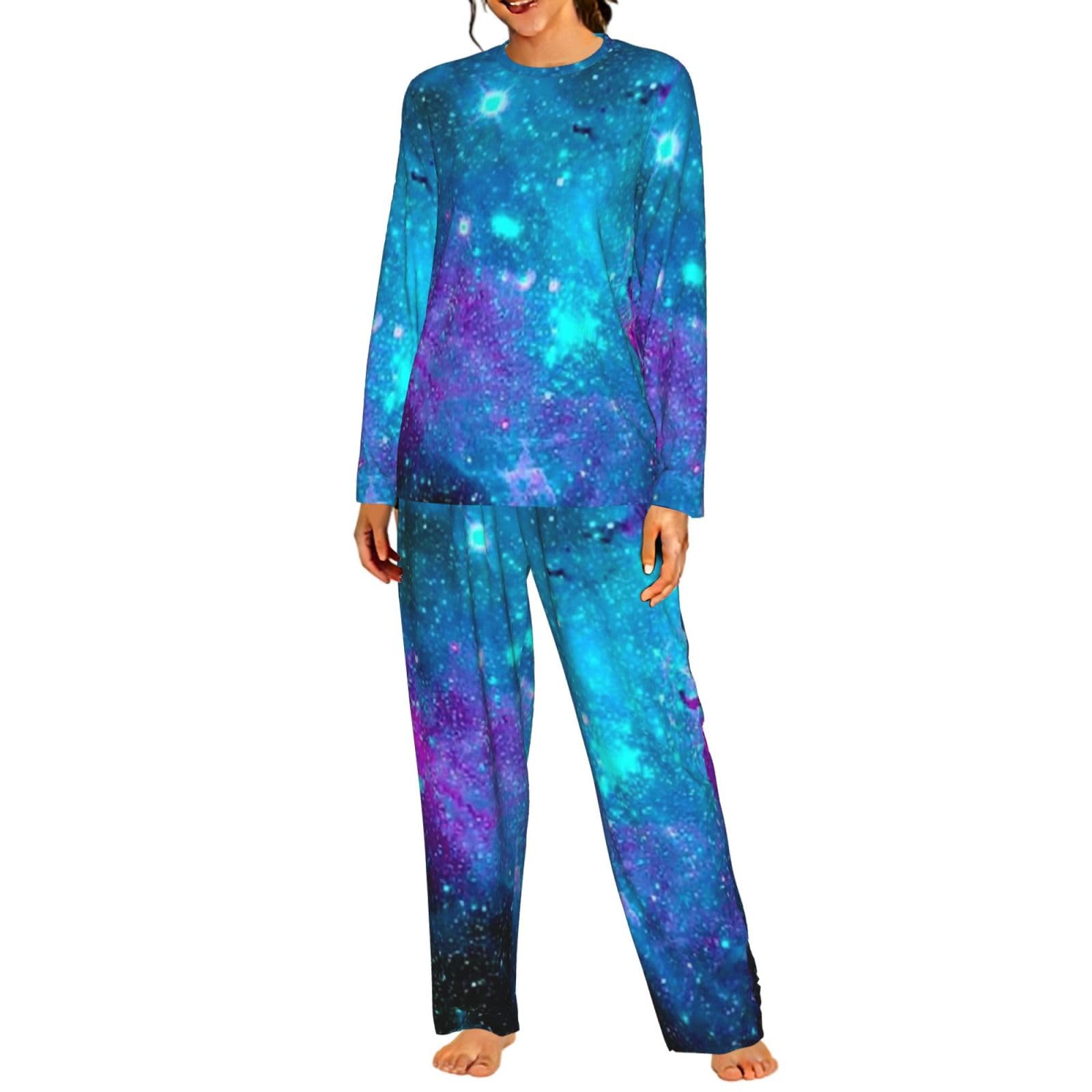 Pigiama da donna a maniche lunghe con stampa cielo stellato viola Set pigiama morbido elastico coulisse casual Daywear