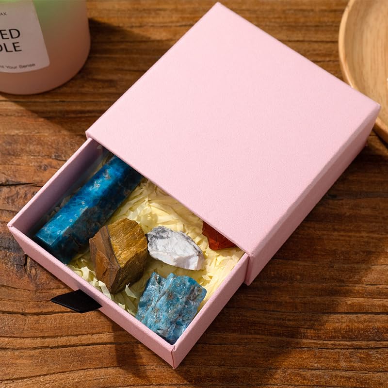 Namzi 1 Piece Natural Crystal Column raw Stone Set Box, Pink Single Pointed Crystal Stone Hexagonal Column Mineral Standard Set Box Yoga Stone Ornament