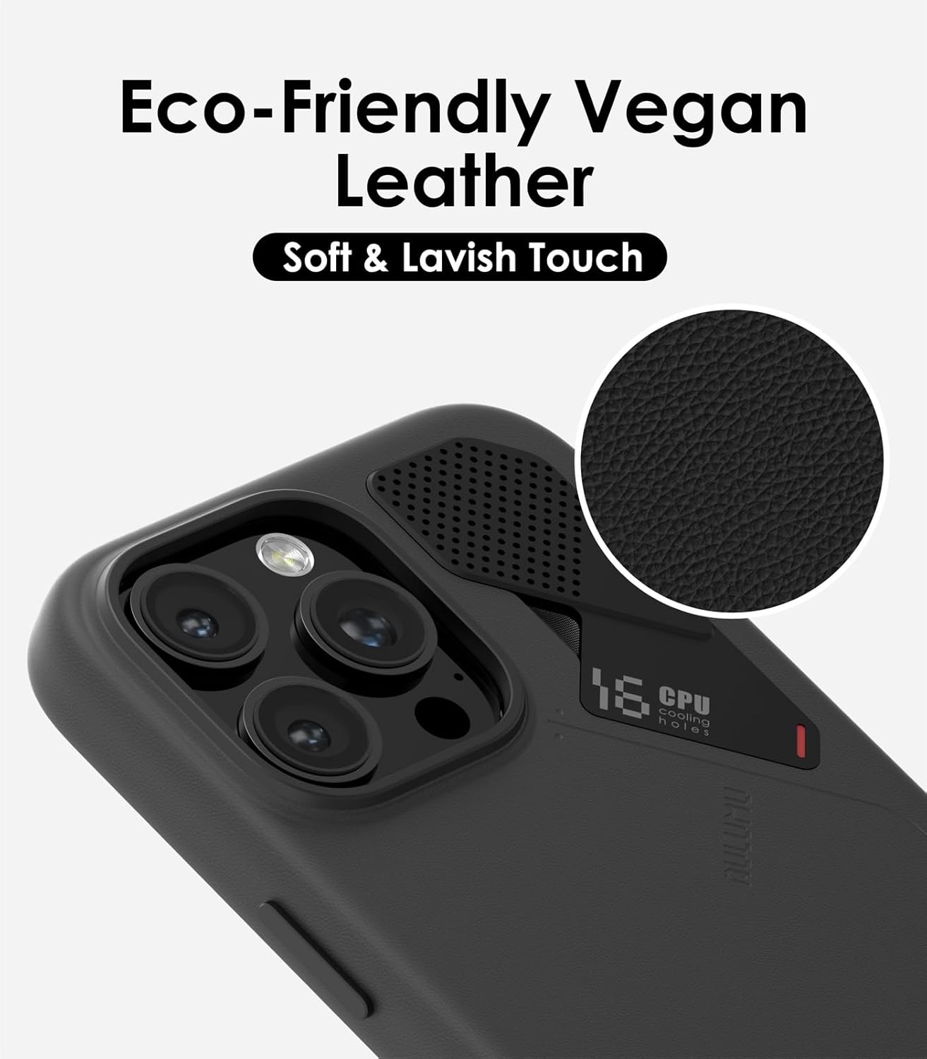 Aulumu A16 Vegan Leather Cooling iPhone 16 Pro Max Case | Updated Camera Control | with Cooling Fins | Luxury Comfort | Compatible with MagSafe | Complete Wrap-Around - Touch Black - Image 3