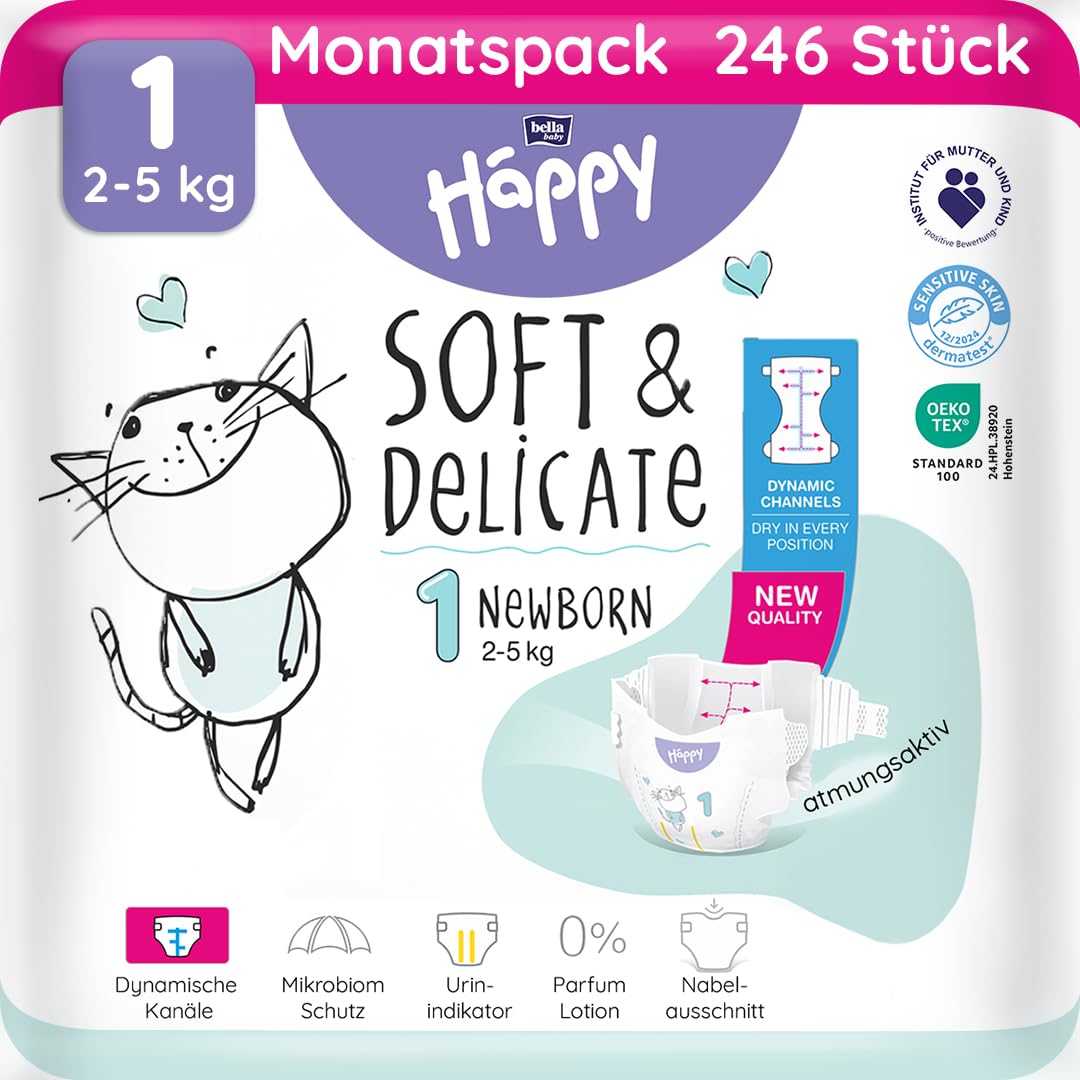 bella baby Happy Premium Windeln Größe 1 Newborn 2-5kg 246 Stück, DERMATEST & OEKO TEX Siegel, Einweg Babywindeln für Neugeborene