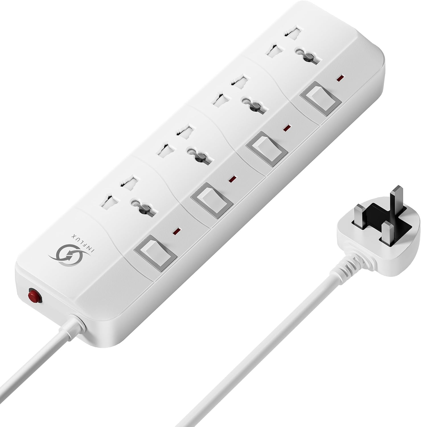 INFLUX Extension Cord, 4-Outlet 3-Meter Multi-Plug Power Extension Cable with Individual Safety Buttons - Durable 13A Extension Plug for Safe and Efficient Power Distribution at Home, Office, and More