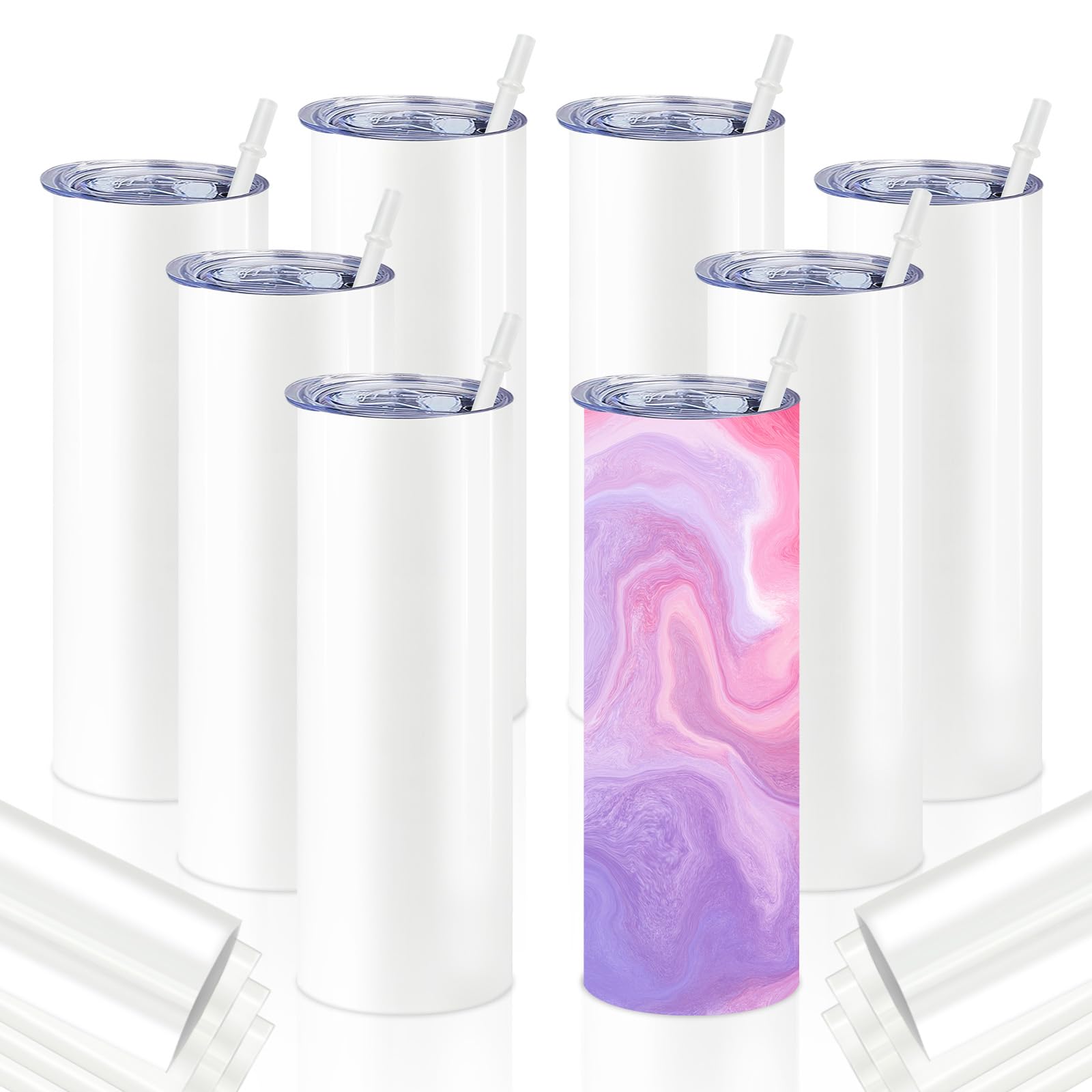 8 Pack Sublimation Tumblers bulk,30 oz Skinny Stainless Steel Double Wall Insulated Straight Sublimation Blank with Lid,Box,Shrink Wrap Films,Polymer Coating for Heat Transfer