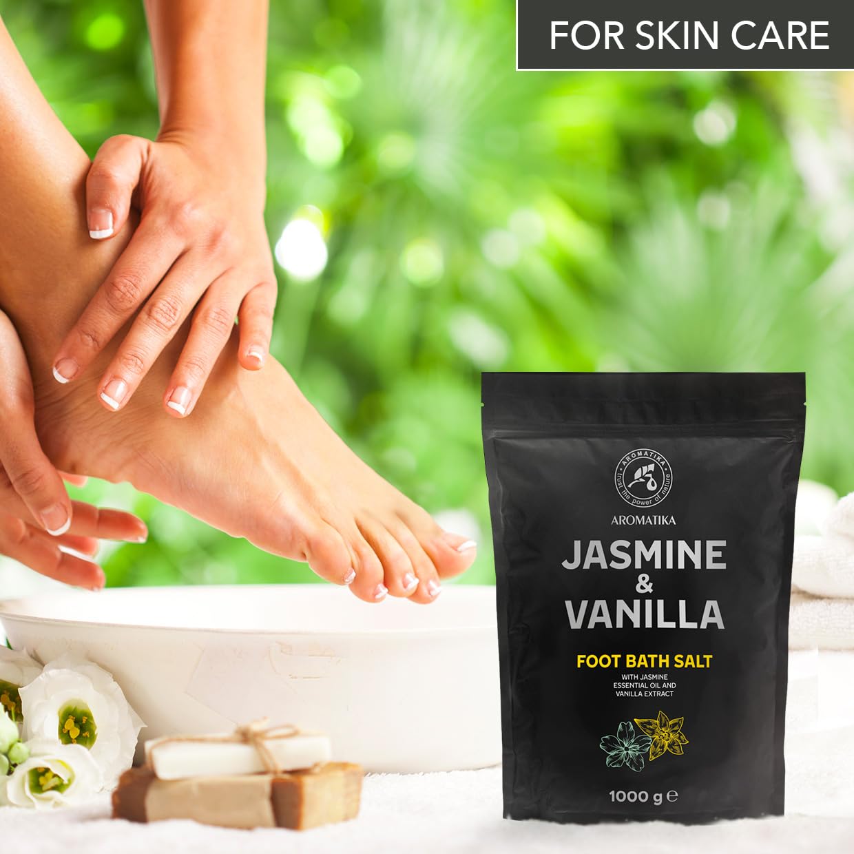Sal de Baño para Pies Jazmín Vainilla 1000g Sal Marina Natural con Aceite Esencial de Jazmín y Extracto de Vainilla Cuidado de Pies