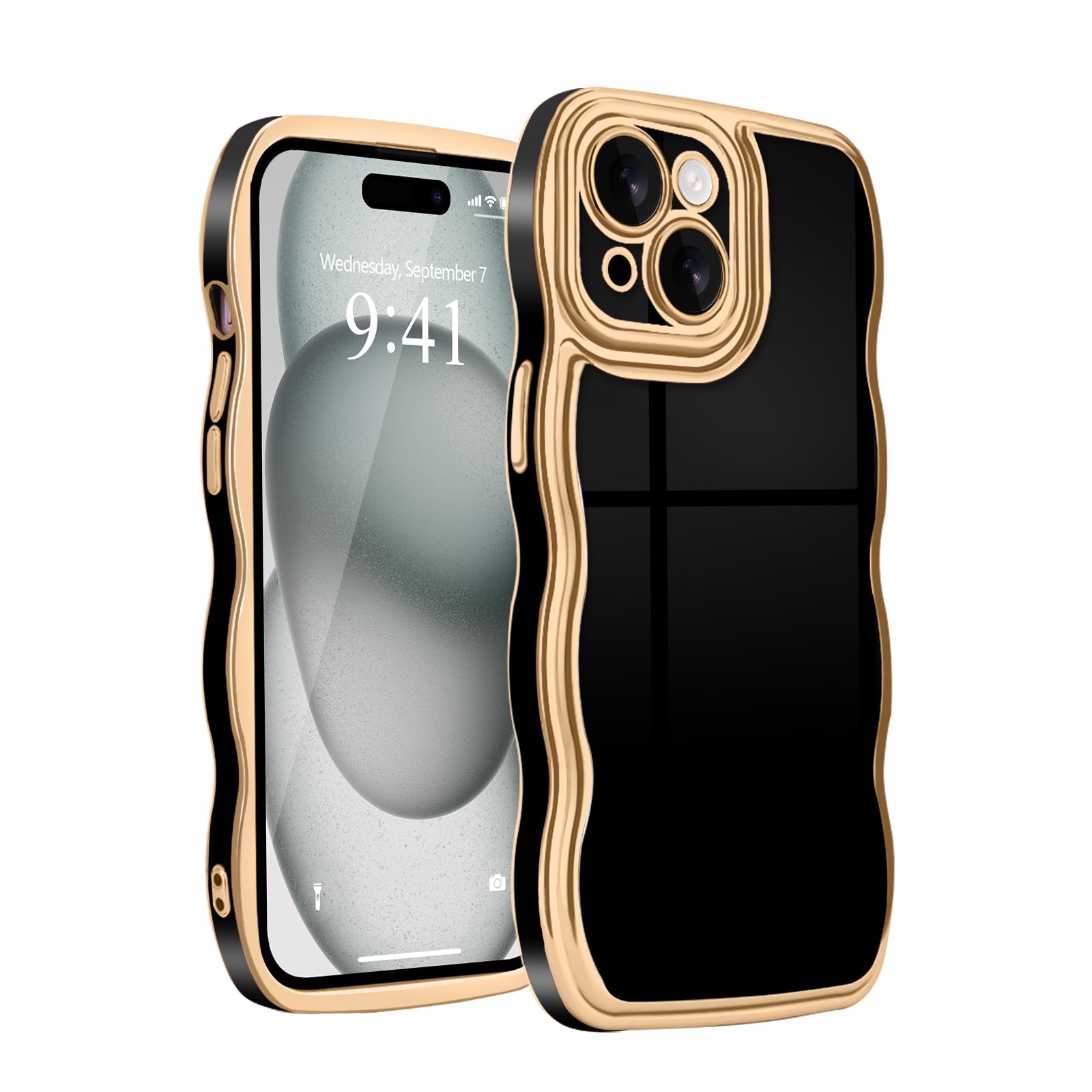 Teageo Wavy Phone Case for iPhone 14 Case for Women Girls, Cute Girly Design Wavy Frame Soft TPU Silicone Shockproof Gold Electroplate Aesthetic