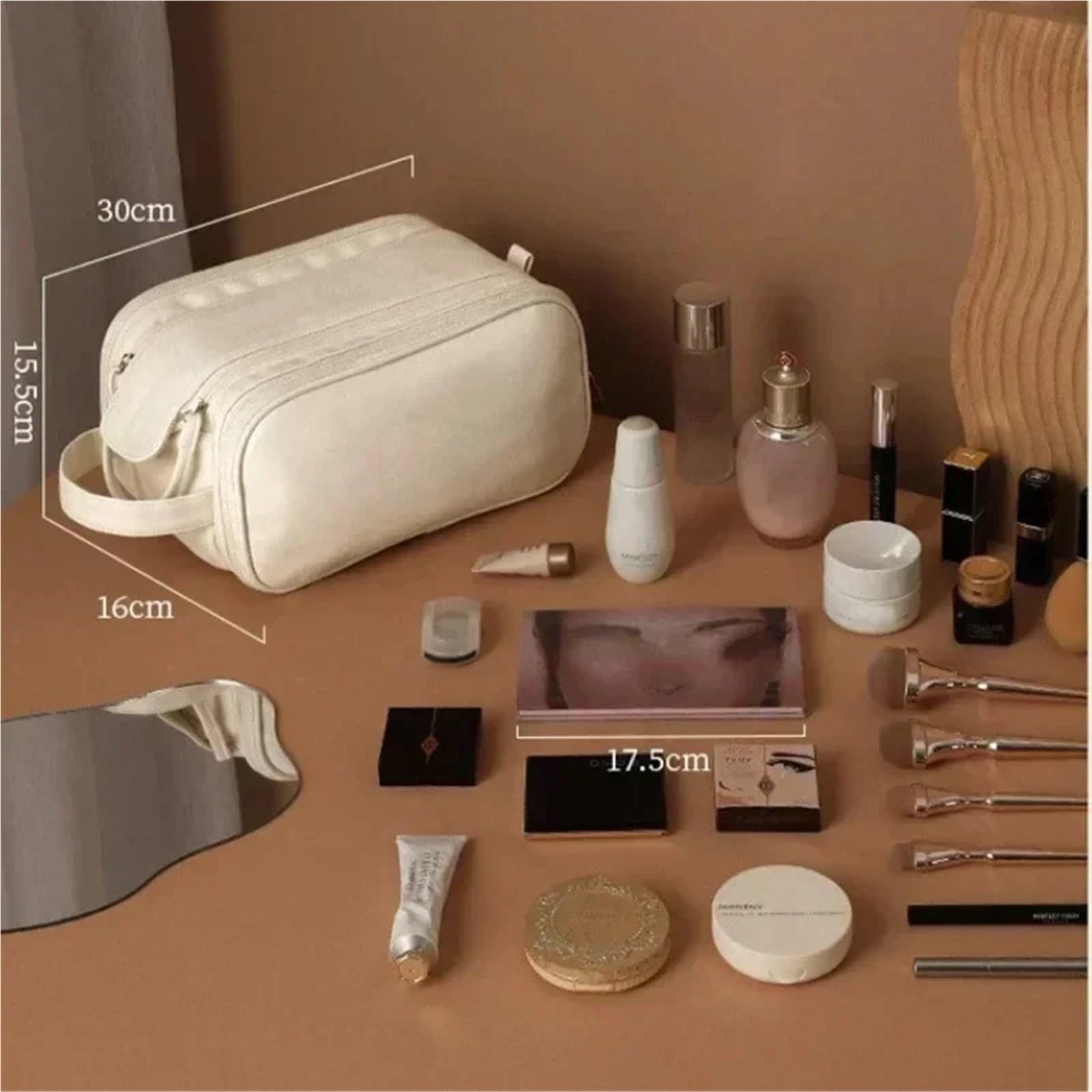 Borsa for Il Trucco per i Viaggi | Doppia cerniera portatile multifunzionale in pelle PU di grande capacità(Black)