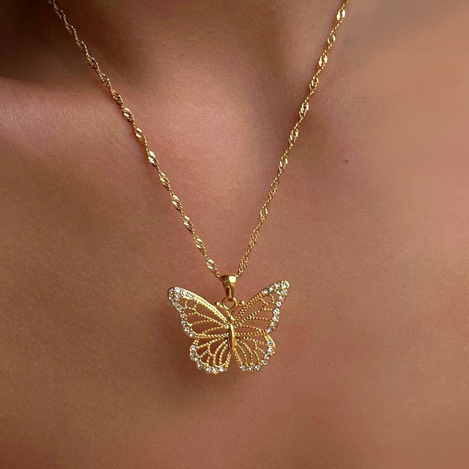 14K Gold Plated Dainty Pendant Necklace for Women, Gold Butterfly Necklace, Rhinestone Butterfly Pendant, Sparkly Women's Neck Jewelry - Image 6