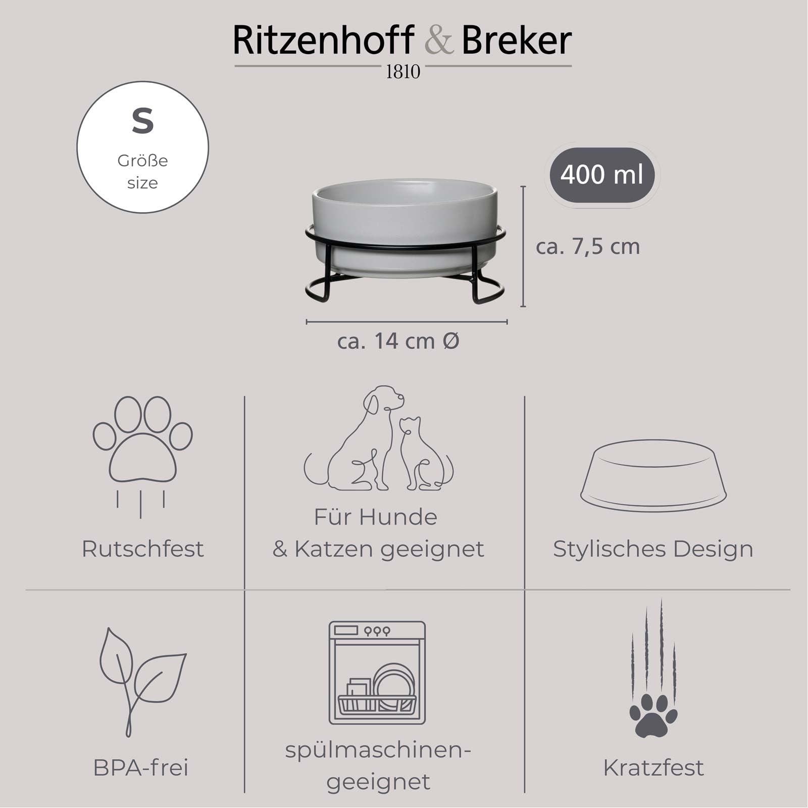 Ritzenhoff & Breker Taro Set di 2 ciotole per gatti con base | ø 14 cm | ciotole per cibo e acqua per gatti | ciotole in gres porcellanato con tappi in metallo | posizione rialzata | base per ciotola