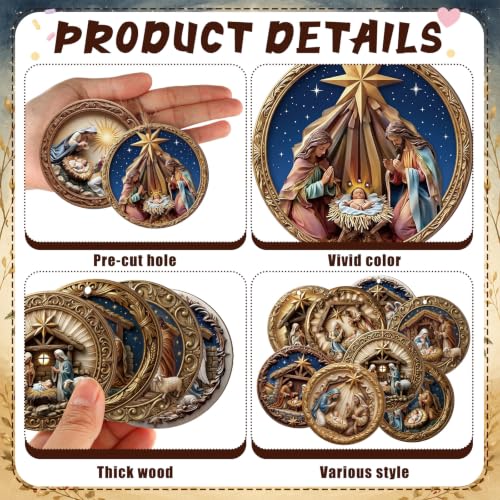 Image of Vercraft 24 Pcs Nativity Scene Ornaments for Christmas Tree Wooden Religious Xmas 3D Decorations Christian Manger Scene Hanging Ornaments Gifts for Christian Christmas Yard Garden Outdoor Home Decor