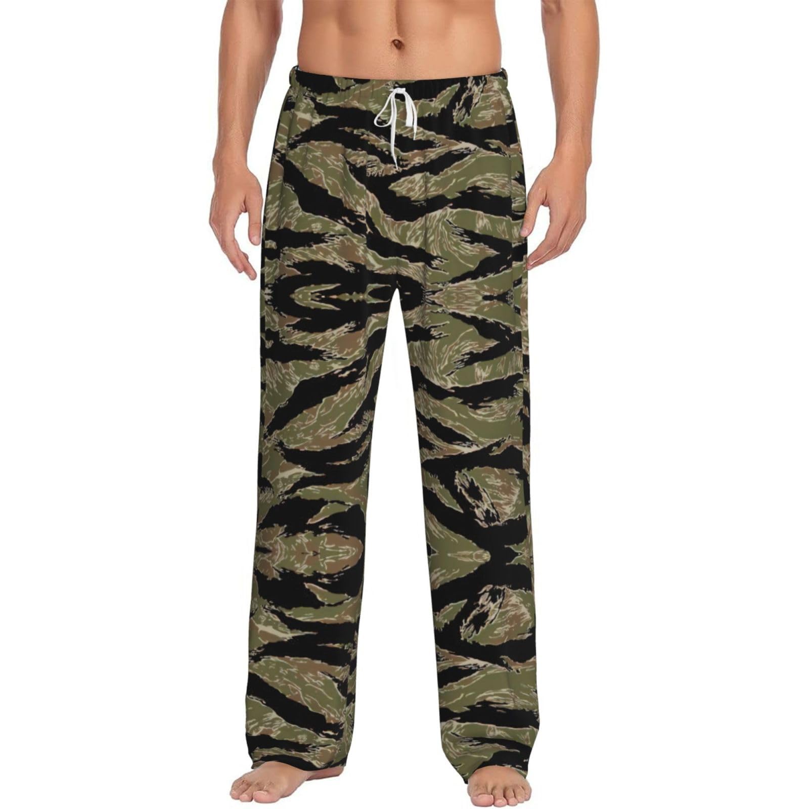 Tiger Stripe Camo Print Men Relaxation Pajama Pants Soft Lightweight Lounge Bottoms With Drawstring Pants, White, XL