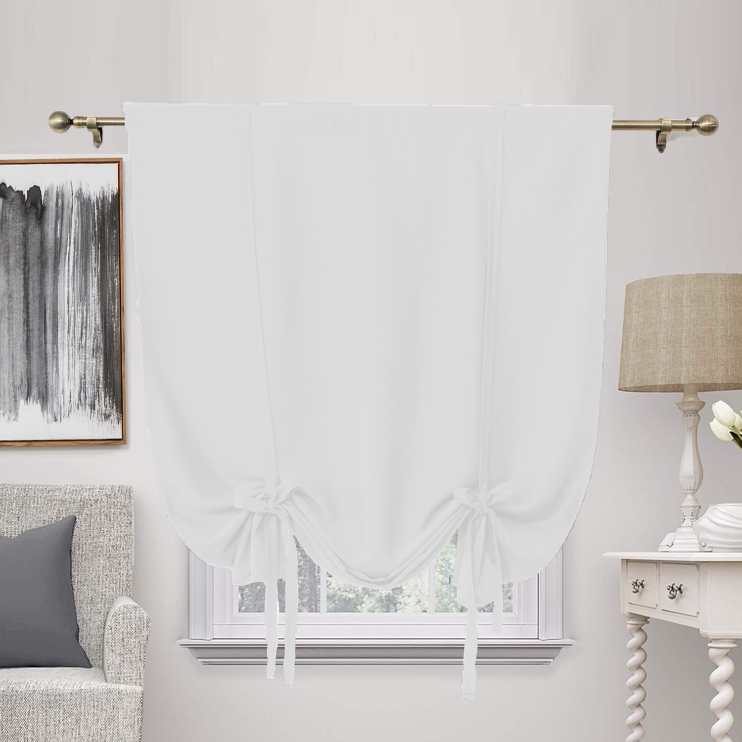 ZHhan Blackout Tie Up Curtain Thermal Insulated Tie Up Window Shade Bathroom Curtain Tie Up Shade for Small Window for Kitchen French Door Rod Pocket Panel, Greyish White, W 42" x L 24", 1 Panels — image 1