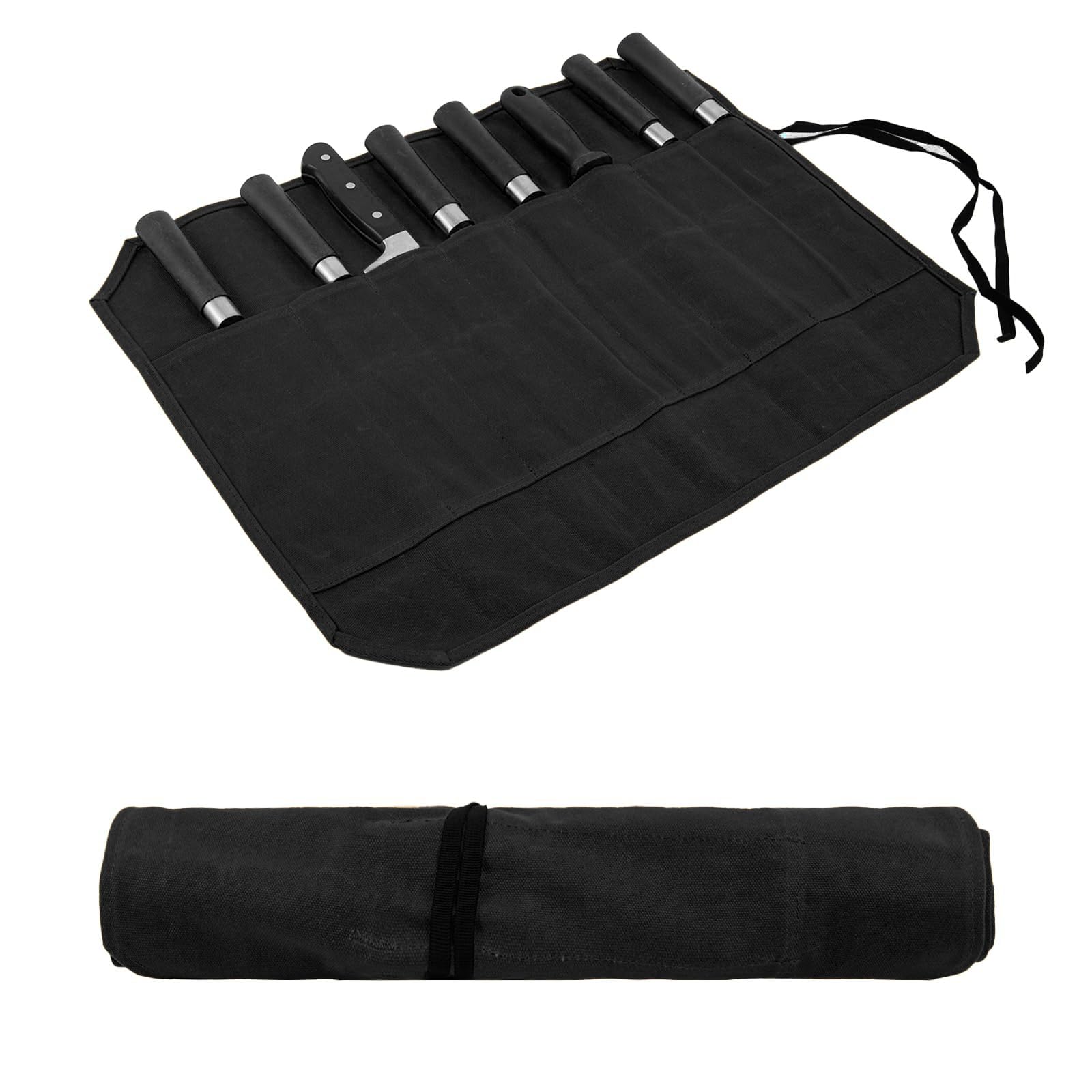 Borsa per coltelli, coltello da cucina con 8 scomparti per coltelli e cucchiai, in tela di cera, regalo per cuochi professionisti o appassionati culinari, Nero , 56 x 43 cm, Conservazione di