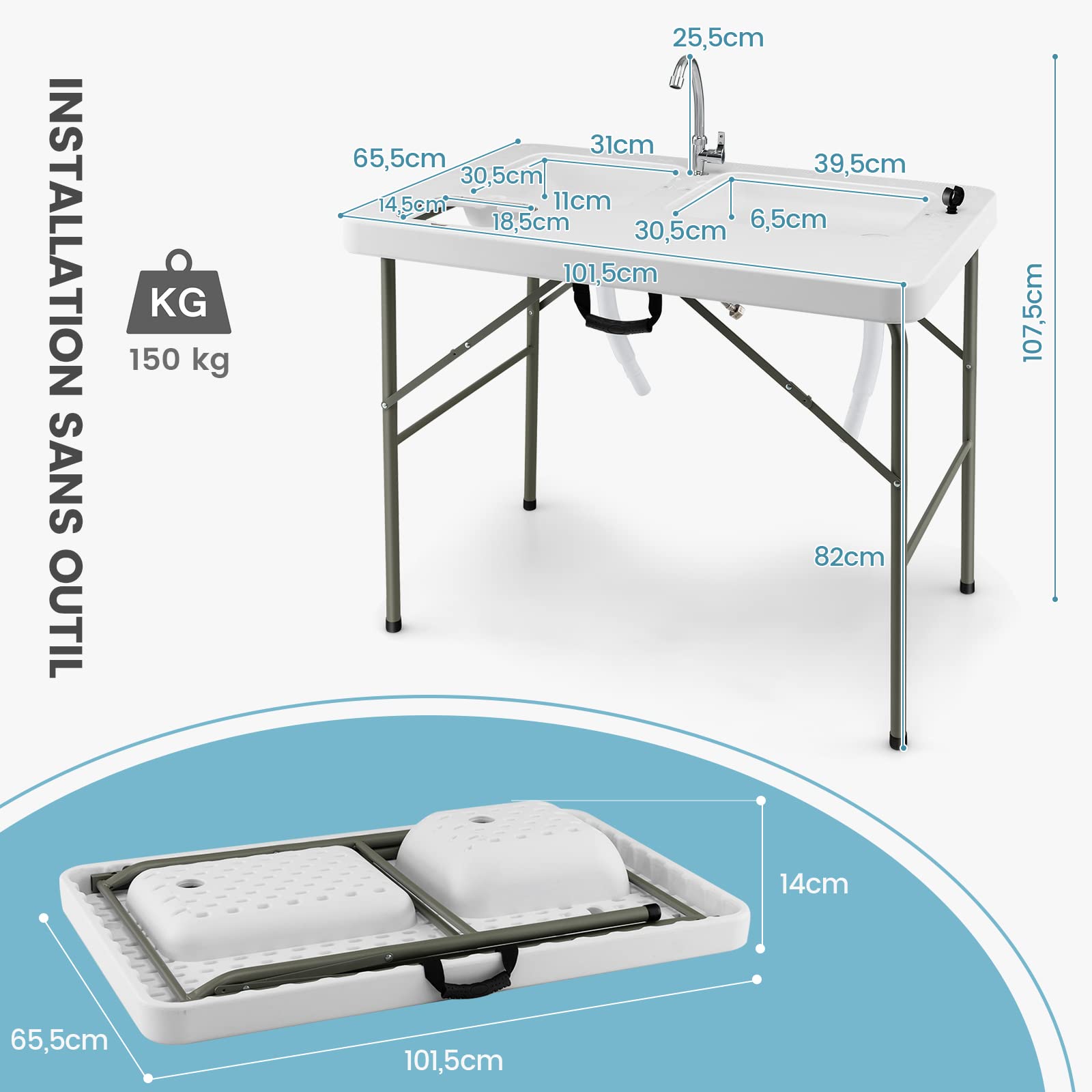 GYMAX Évier de Nettoyage de Poisson de 4 Pieds, Table Pliante avec Robinet, 2 Bassins d'eau, Corbeille à Déchets et Marques de Mesure, Évier de Cusine, Blanc