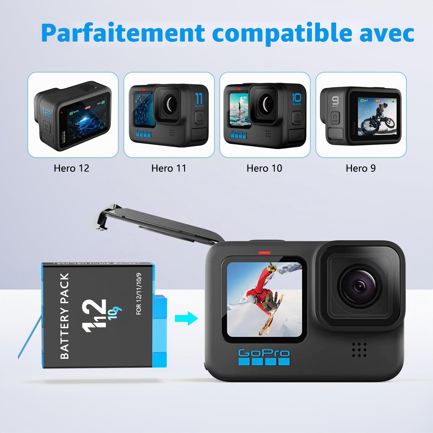 Melasta Chargeur de batterie pour GoPro Hero 12/11/10/9 Série, Batteries lithium-ion (3 batteries + 1 chargeur)