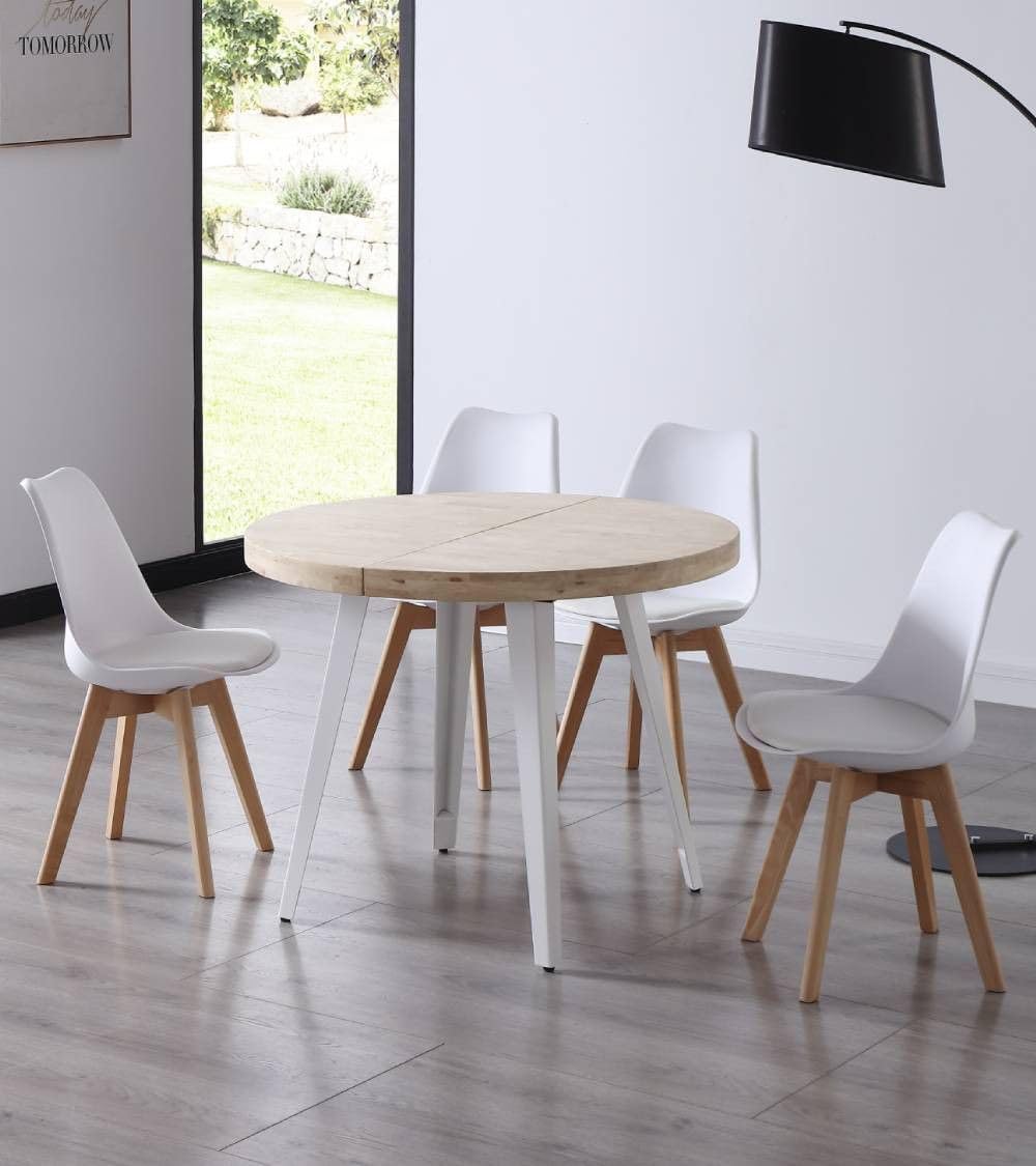 Home Heavenly® - Mesa Comedor Redonda Extensible Estilo Industrial SKADI. Mesa de 100 cm diámetro. 2 tramos extensión a 140 hasta 180 cm. (Roble Nordish - Blanco)