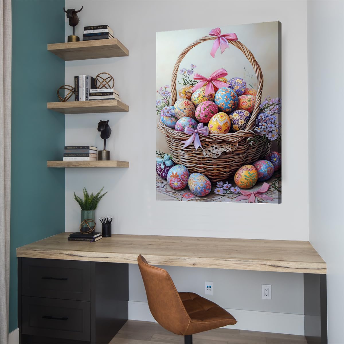 YUNART Ostereier Bild auf Leinwand frühlingshafte Wandkunst im Vintage Landhausstil für Innendekoration in Schlafzimmer Wohnzimmer und Küche 60x90cm Innenrahmen