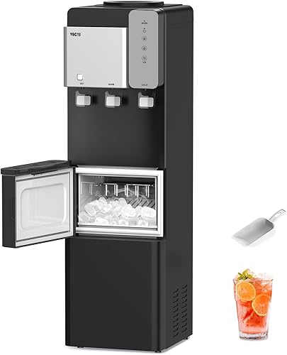 VECYS Enfriador dispensador de agua con máquina de hielo, fabricación diaria de hielo de 27 libras y suministro de agua fría caliente, bloqueo de