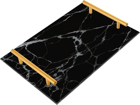 Bathroom Vanity Tray Counter Organizer, Black Silver Marble Decorative Tray with Handles Countertop Storage for Bathroom Bedroom Kitchen Home Farmhouse