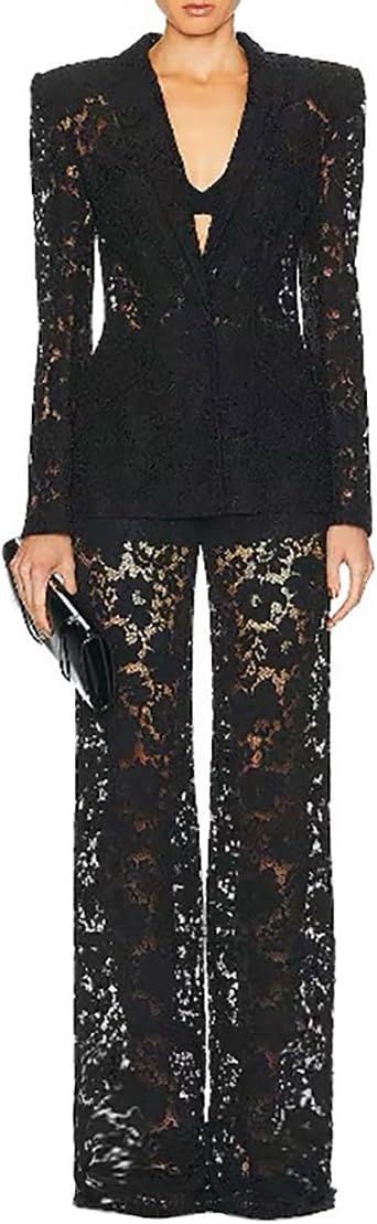 Womens Sexy Floral Lace 2 Pieces Suit Set One Button Transparent Sheer Blazer Jacket Straight Leg Pants Suit Outfit