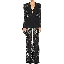 Womens Sexy Floral Lace 2 Pieces Suit Set One Button Transparent Sheer Blazer Jacket Straight Leg Pants Suit Outfit