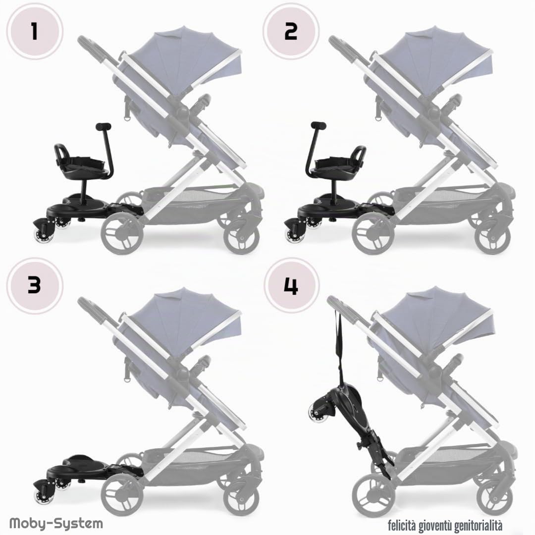 Moby-System Pedana Universale con Sedile per Passeggino - Ruote LED Ammortizzate, Seggiolino Aggiuntivo e Tavolette Portatili, Compatibile con la Maggior Parte dei Passeggini