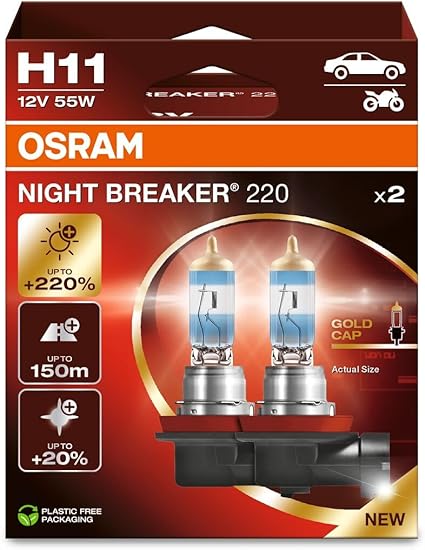 OSRAM NIGHT BREAKER 220, H11, 220% más brillo, lámpara de faro halógeno, 64211NB220-2HB, Caja plegable (2 lámparas)