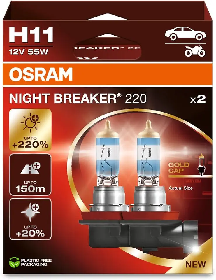 Lâmpada H11 OSRAM Night Breaker 220 64211NB220 até 220% + luz
