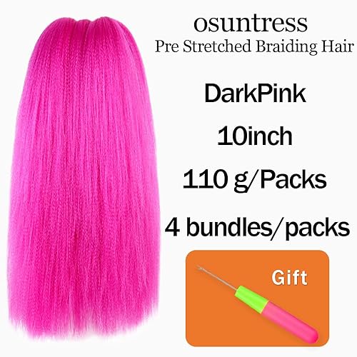 Miniatura 2 de Cabello trenzado preestirado de 10 pulgadas, 4 paquetes, extensiones de cabello corto para trenzas, cabello sintético preestirado, rosa oscuro