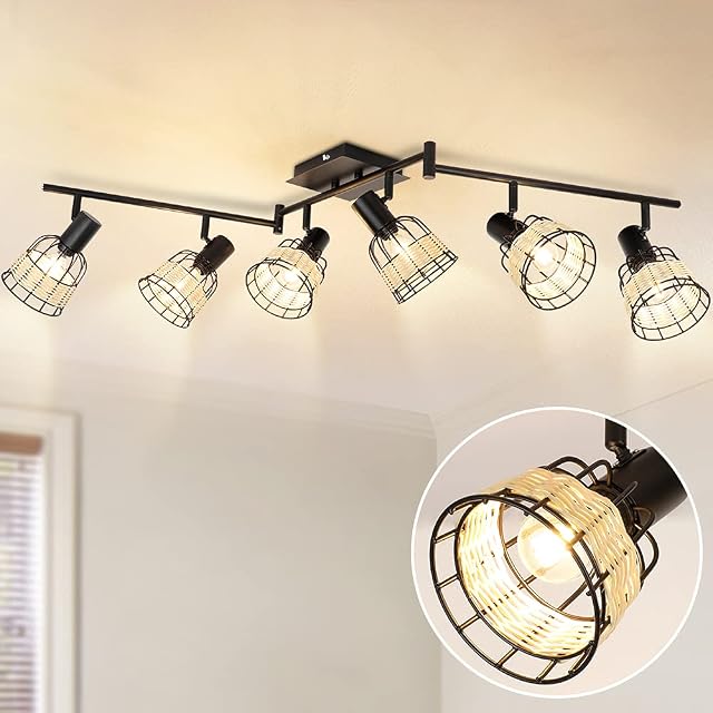 Depuley Led Ceiling Light, 6 Ways Rotatable Ceiling Spotlight, Black Metal Base and Rattan Lampshade for Kitchen, Living Room, Bedroom, Dining Room, E14 Bulb Base