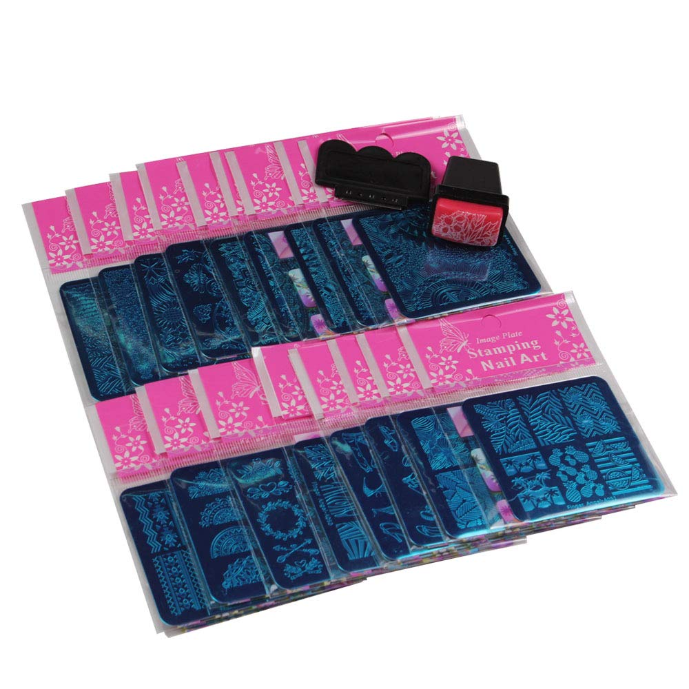 Mix Designs Nail Plates +1 Pcs Nail Art Stamper + 1 Scraper Nail Art Image Stamp Stamping Plates Manicure Template Nail Art Tools (A036-55)