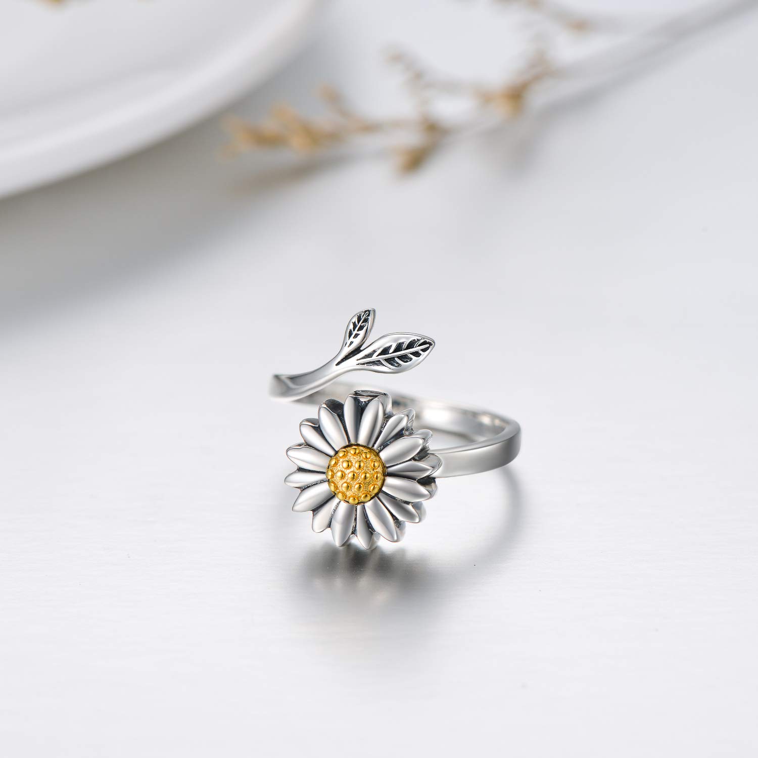 LONAGO Anillo de plata de ley 925 con diseño de girasol, diseño de margaritas de girasol, anillo abierto ajustable para mujer