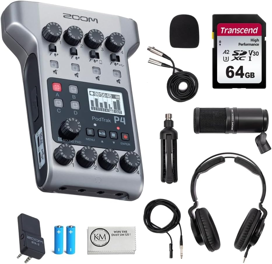 Zoom PodTrak P4 Portable Multitrack Podcast Recorder with ZDM-1 Podcast Mic Pack + 64GB Memory Card + Zoom BTA-2 Bluetooth Adapter + Cleaning Cloth (5 Items)