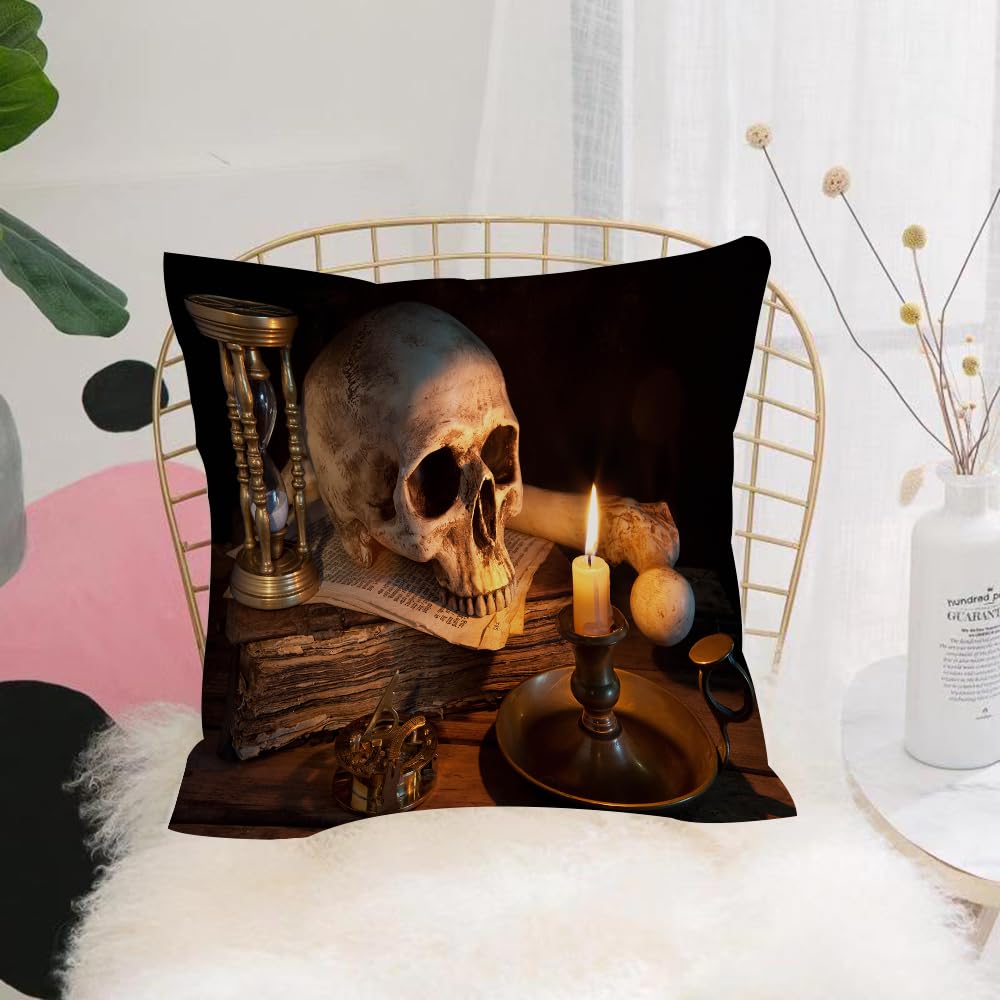 HYMSXW Cushion Cover,Throw Pillow Case Home Decorative for Living Room Bedroom Sofa Chair 20X20 Inch,Vintage skull on antique book with candle and hourglass,Pillowcase 50X50cm