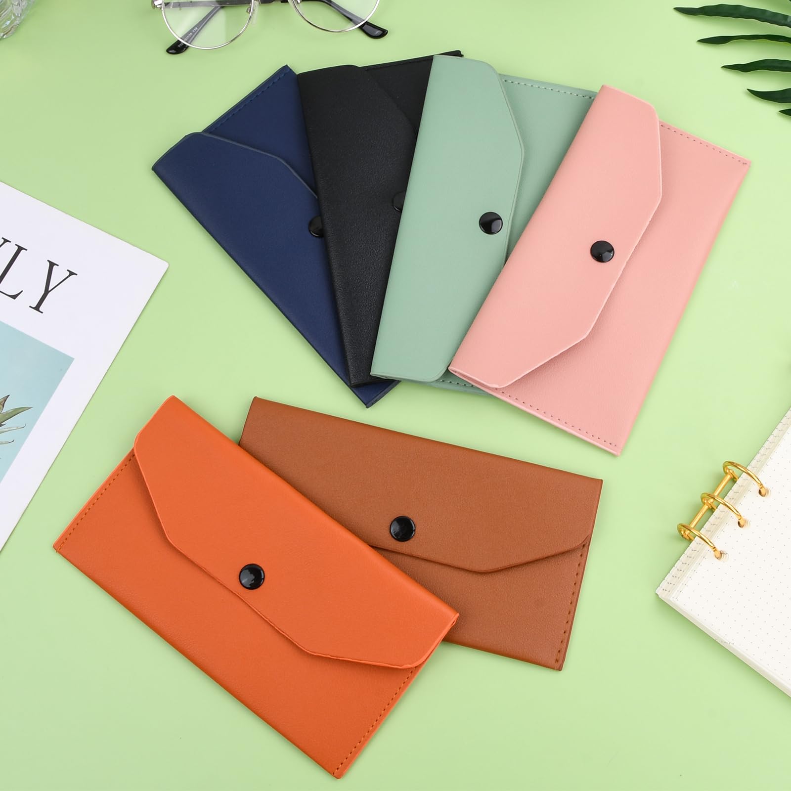 Portefeuille Enveloppe Cuir Synthétique 6 Pièces, Pochette Billet Imperméable Réutilisable 18x9,5cm