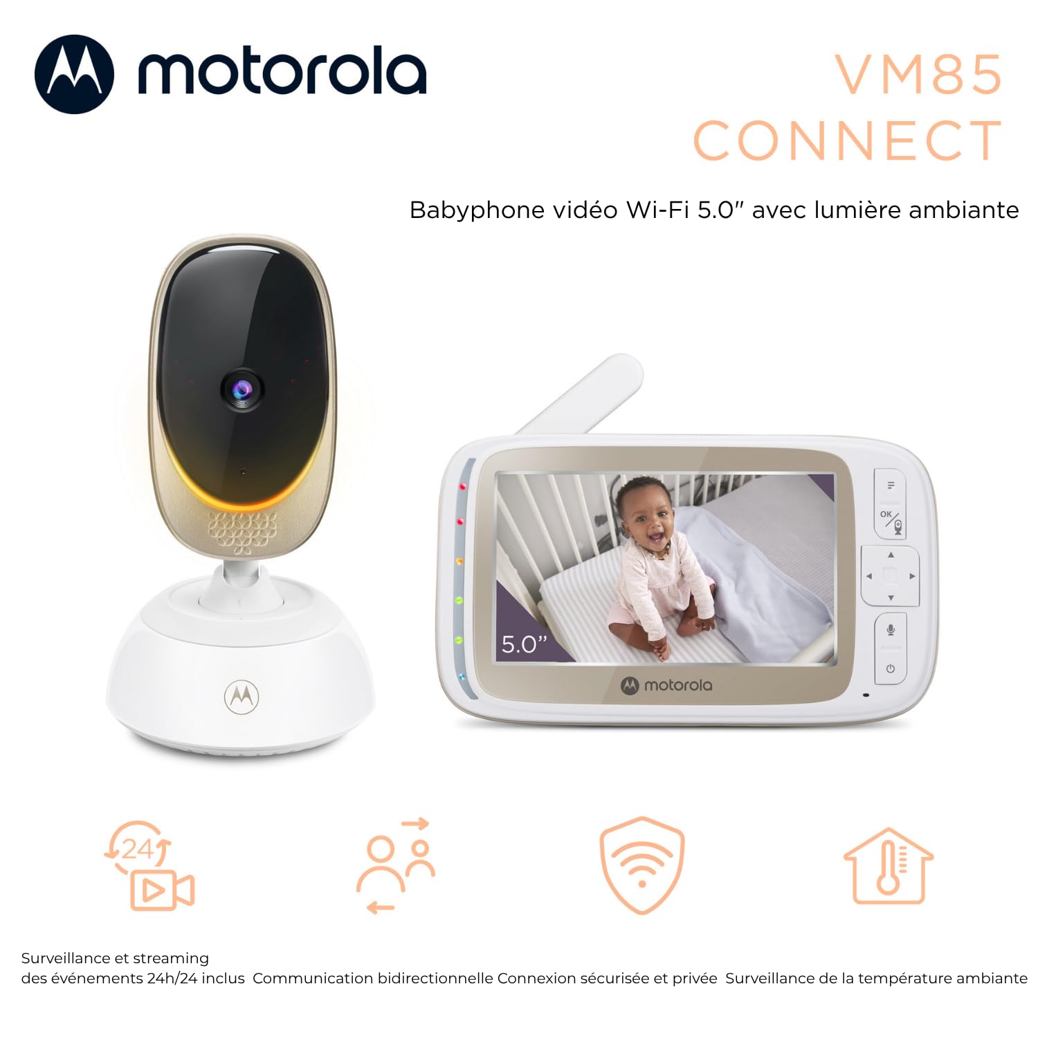 Motorola Baby Comfort 85 Connect Babyphone Vidéo avec Fonction Pivotante/Zoom/Wi-Fi, Ecran Couleur 5,0", Vision Nocturne Infrarouge, Audio Bidirectionnel/Capteur de Température, Blanc