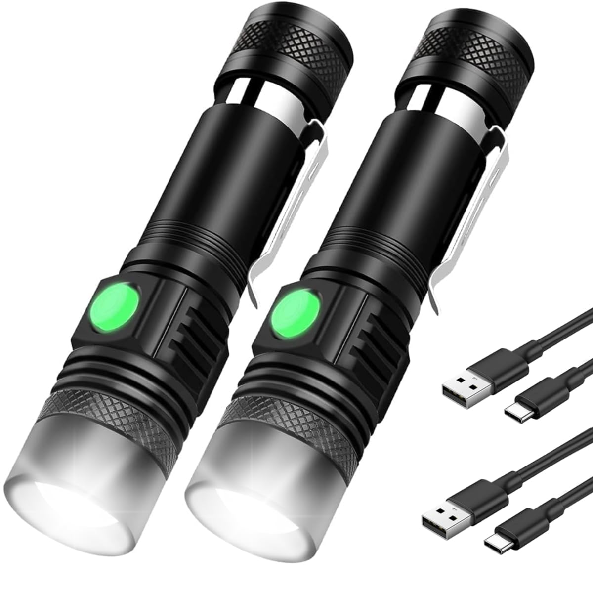 NAKCNMTorch Rechargeable 2 Pack, Small Torches LED Super Bright Flashlight Battery Powered with Pocket Clip, 4 Light Modes, Adjustable Focus, Waterproof High Power for Hiking Caving Walking EDC