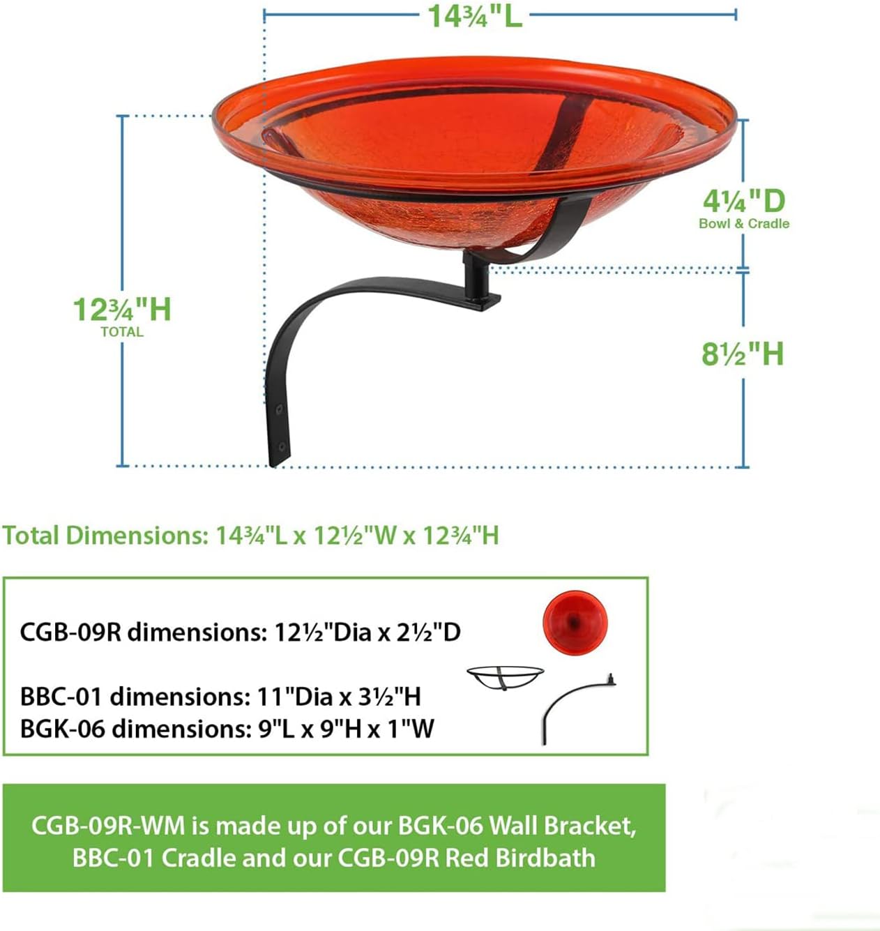12 Inch Red Crackle Wall Mount Bracket Birdbath