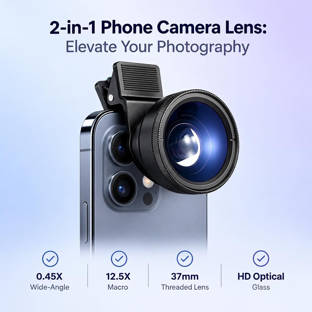 2-in-1 Phone Lens: 0.45X Wide-Angle & 12.5X Macro for Landscape & Micro