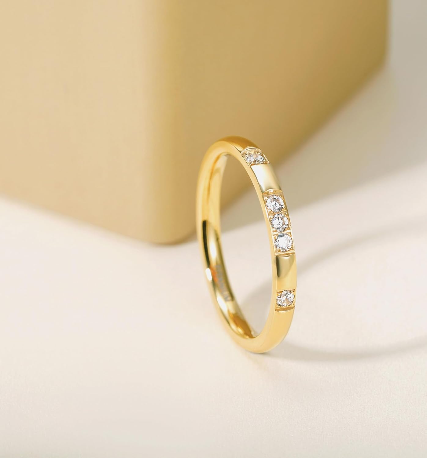 TIGRADE Women Titanium Ring Cubic Zirconia Eternity Ring for Her, 18K Gold Plated Dome High Polished Wedding Band Comfort Fit Size 4-11 - Image 3