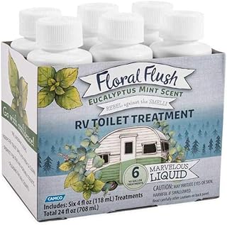Camco 41482 Floral Flush RV Toilet Treatment Singles, Eucalyptus Mint Scent - Eliminates Odors and Breaks Down Waste - Each Bottle Treats Up to 40-gallons - Contains (6) 4 oz. Bottles