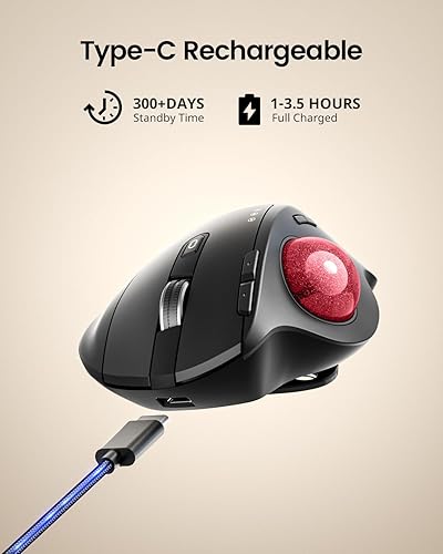 Miniatura 7 de Ratón Trackball Inalámbrico ProtoArc, EM01 NL Ergonómico Bluetooth Rollerball de Pulgar Recargable para Computadora Portátil, Ángulo Ajustable y